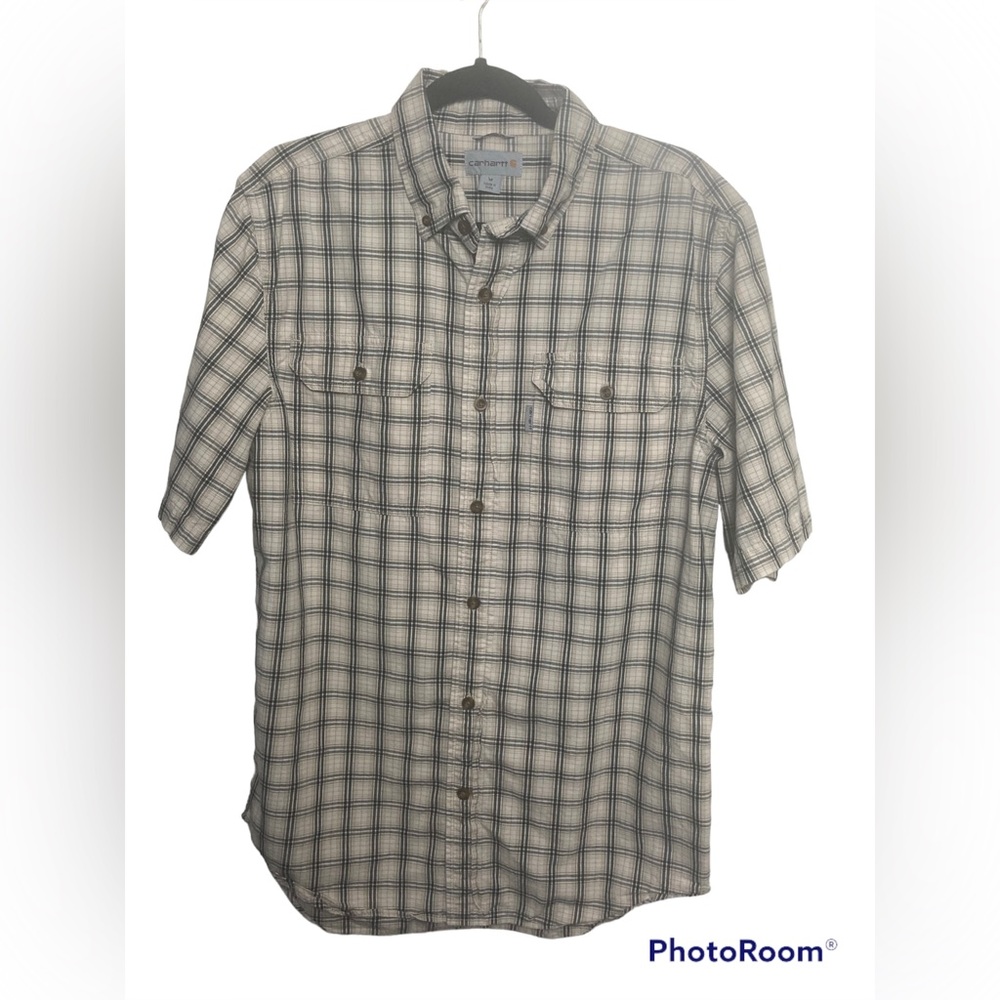 Carhartt brown/black plaid short sleeve button down shirt. Relaxed Fit. Medium